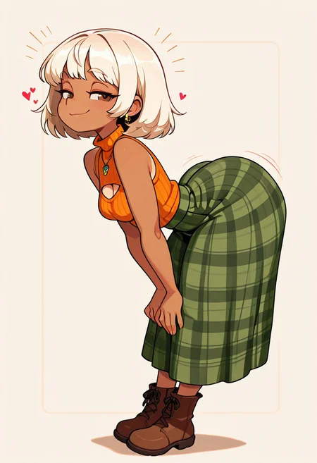 masterpiece, best quality, newest, absurdres, highres, aijalon, ppka, 1girl, thick voluptuous female, , looking at viewer, blonde platinum hair,tanned, thick thighs, eager, flirty, , medium length hair, bangs, office background, orange turtleneck sweater, green skirt, smug, slutty, becokning, bent down, standing, straight legs,
, vivid high contrast colors, , ,Portrait, 1girl, , ,, eyes,pupils,, ,bold lines, thick lines, straight posture,, innocent, adorable, warm, pretty, seductive , standing, round ass, , hearts, love, cowboy shot, mid riff, naval,
),round gold earrimgs,, cleavage, petite breasts ,,ttbo, hip dips, thick thighs, thick adult curvy woman , reashg, blonde hair, short hair, brown eyes, orange sweater, sleeveless turtleneck, necklace, green skirt, plaid skirt, long skirt, ((full body)) Brown boots, big ass, partial side view, arching back