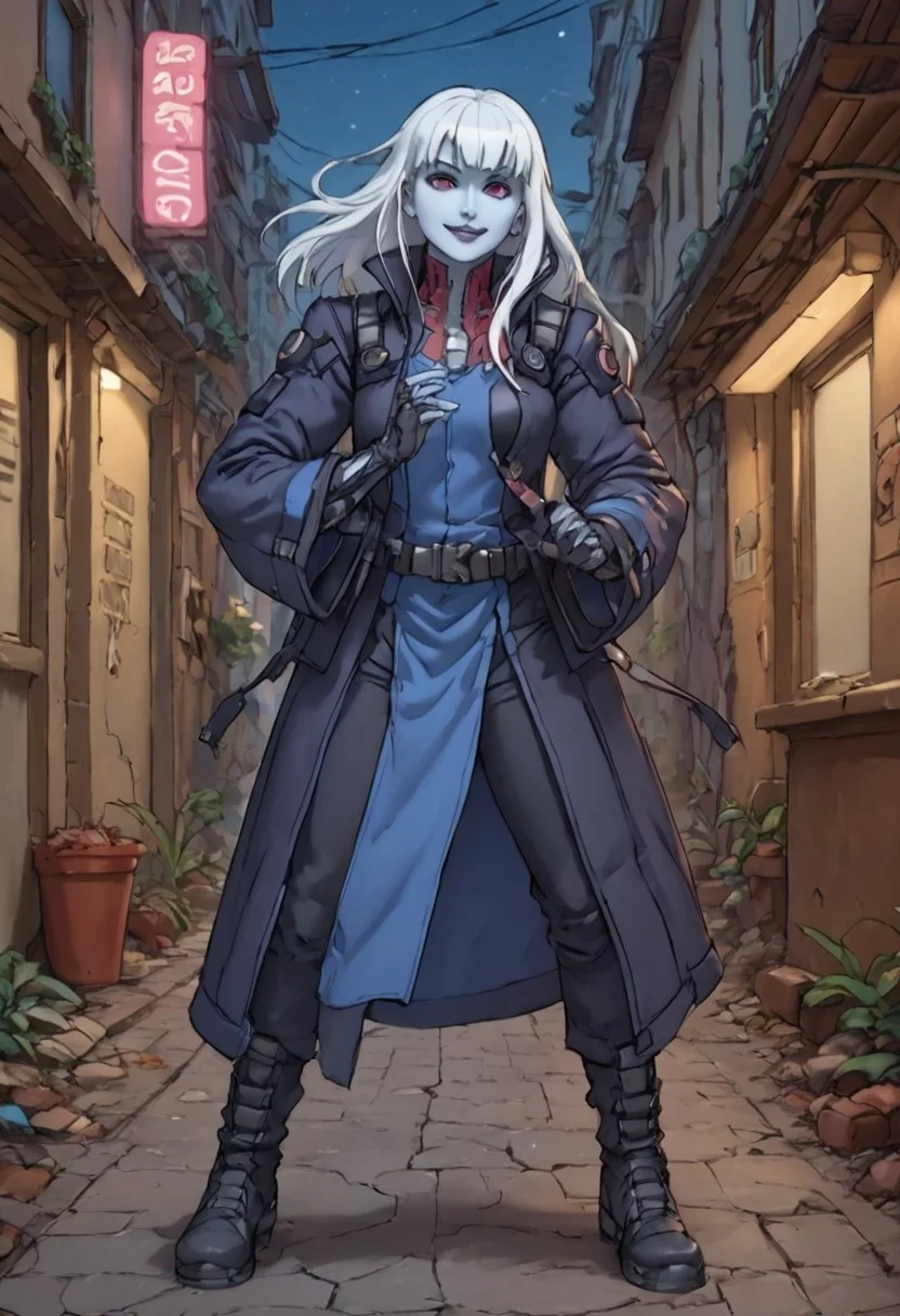 score_9, score_8_up, score_7_up, score_9, score_8_up, score_7_up, Cowboy Shot, Full Body Visual,
BREAK
static_pf, 1girl, white hair, purple eyes, blue skin,
BREAK
Standing in an action pose, Standing in alley at night, city at night, cyberpunk, neon light,
BREAK
DARK SAKURA BODYSUIT,
BREAK
Expressiveh, Smug, Smirk,