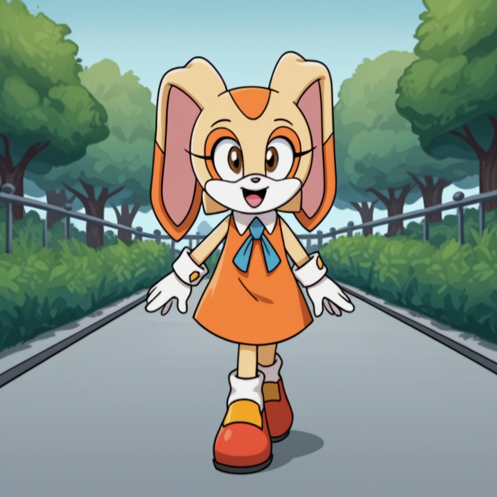 score_9, score_8_up, score_7_up, score_6_up, score_5_up, score_4_up, source_furry, CreamSonX, anthro, female, rabbit, tan fur, brown eyes, orange dress, blue cravat, orange shoes, sleeveless dress, walking, in a park,happy, solo, 1girl