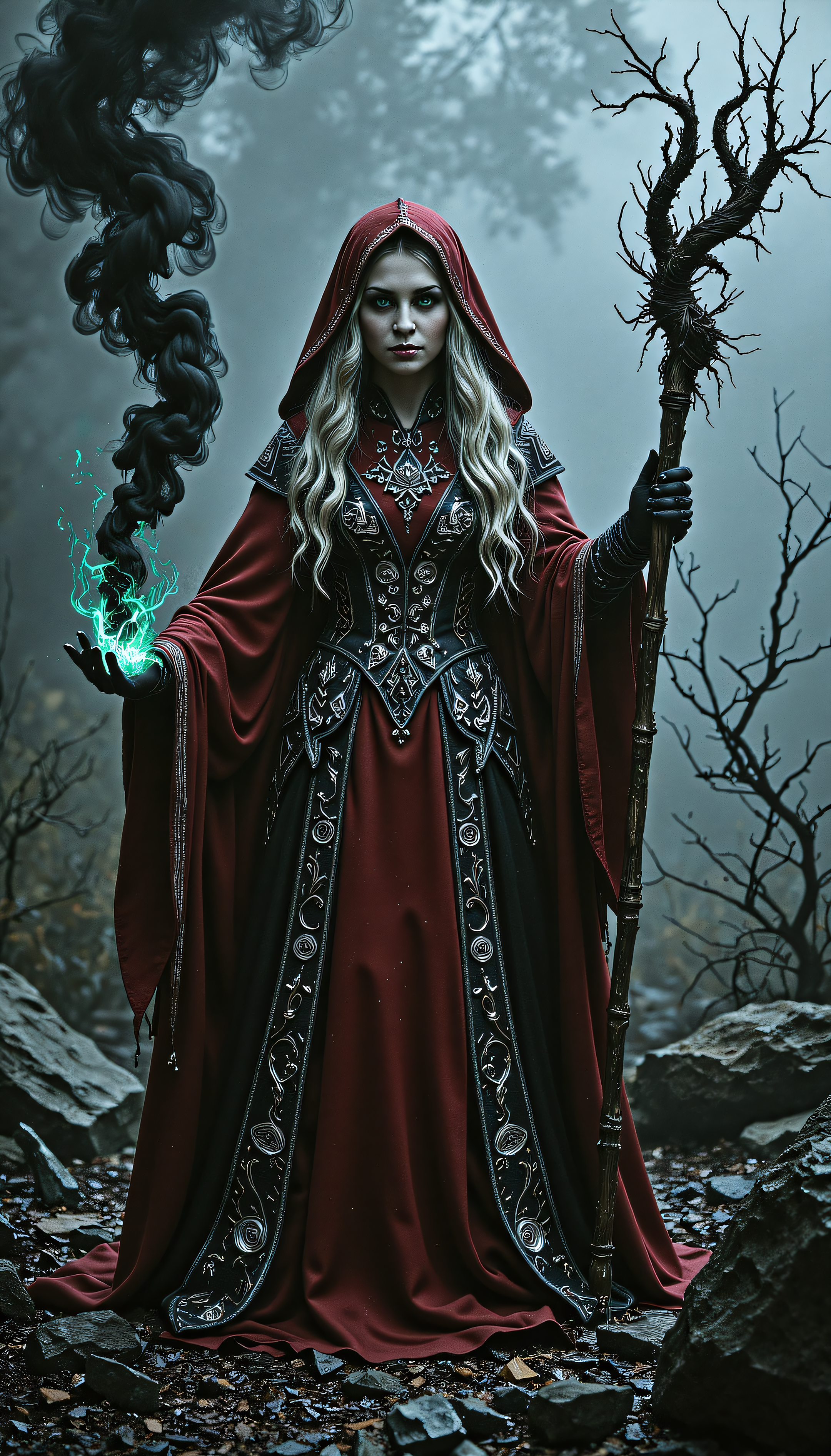 devast8,perfect hands A creative image of a powerful elven sorceress practicing black magic, swirling black smoke around her, red robes, intricate silver embroidery on her cloak, mystical runes glowing on her staff, eerie green eyes, long flowing silver hair, dark misty forest background, ZdzisÅaw BeksiÅskis dark surrealism, H.R. Gigers biomechanical details, and Luis Royos dramatic lighting