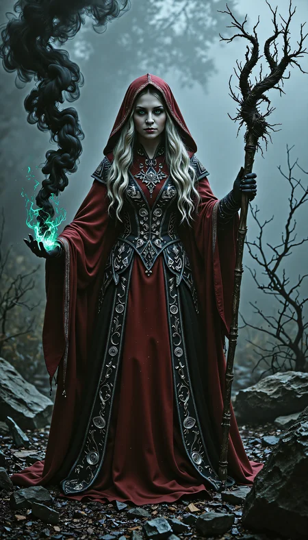 devast8,perfect hands A creative image of a powerful elven sorceress practicing black magic, swirling black smoke around her, red robes, intricate silver embroidery on her cloak, mystical runes glowing on her staff, eerie green eyes, long flowing silver hair, dark misty forest background, ZdzisÅaw BeksiÅskis dark surrealism, H.R. Gigers biomechanical details, and Luis Royos dramatic lighting