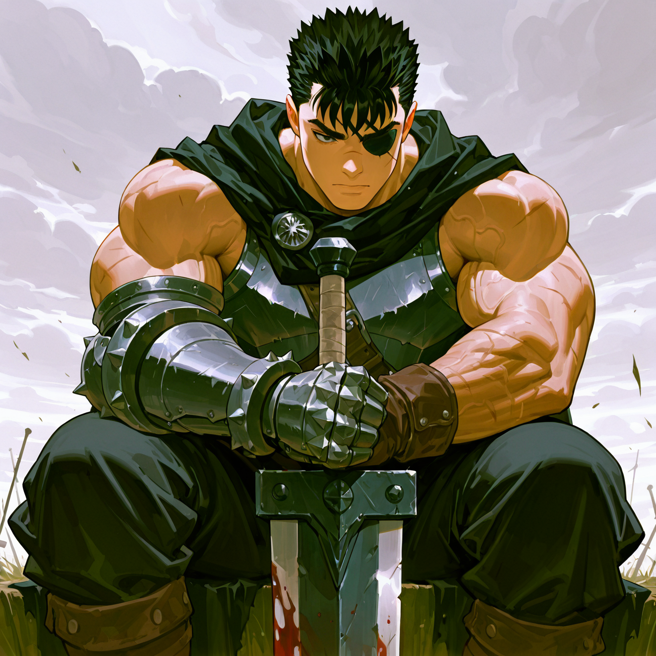 <lora:GUTS:1>
guts, solo, short hair, black hair, 1boy, gloves, holding, closed mouth, male focus, weapon, outdoors, sky, sleeveless, pants, cloud, sword, holding weapon, cape, armor, feet out of frame, muscular, blood, scar, holding sword, muscular male, cloudy sky, spiked hair, gauntlets, scar on face, cloak, veins, breastplate, scar on cheek, manly, biceps, planted, planted sword, scar on arm, scar on nose, grey sky, thick arms, greatsword, veiny arms, jewelry, sitting, eyepatch, black cape, huge weapon, prosthetic arm
, motion blur, film grain, abstract, natural lighting, fantasy, cinematic, dynamic view, very awa, masterpiece, best quality, absurdres, newest, perfect quality, detailed background, intricate details, (artist:fl \(l-fl\):0.7), (artist:tooboshoo:0.7), (artist:dizdoodz:0.8)