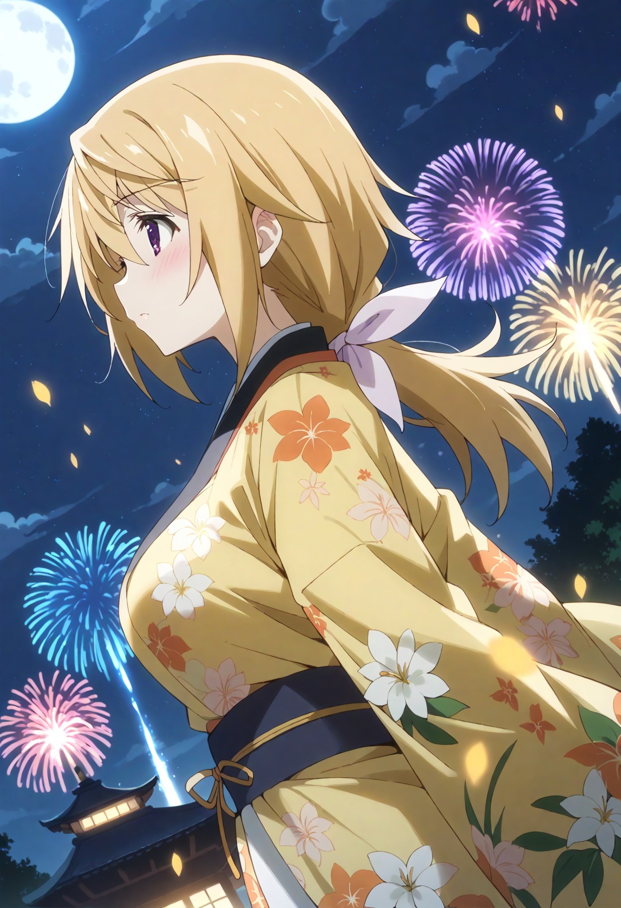 score_9, score_8_up, score_7_up, source_anime, masterpiece, best quality,perfect anatomy,rating_sage,charl, other,yellow flower print kimono,large breasts,blush,tareme,drooping eyes,shiny skin,outdoors,night,moon,fireworks,starry sky,,dynamic angle,dutch angle,solo focus,side view <lora:charl.pony:1>