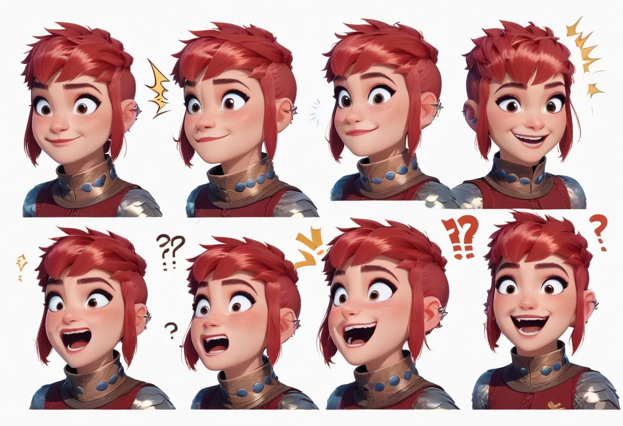 score_9, score_8_up, 1girl, 18 year old, NimonaXL, short red hair,sidelocks, brown eyes, ear piercing , portrait, multiple expressions,open mouth, closed mouth,smile,shocked ,confused