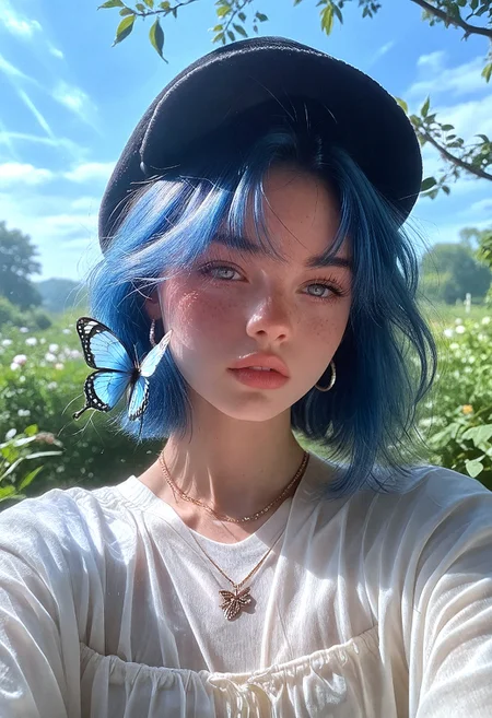 score_9,score_8_up,score_7_up,score_6_up,score_5_up,score_4_up rating_explicit,nsfw, 1girl,Ukrainian girl,solo,looking at viewer,short hair,bangs,blue eyes,hat,blue hair,parted lips,necklace,blurry,lips,depth of field,blurry background,bandages,bug,butterfly,portrait,freckles,bandaid on face,blue butterfly <lora:OldAnimeStyle_XL_v3:0.8> Vintage, 1990s \(style\)