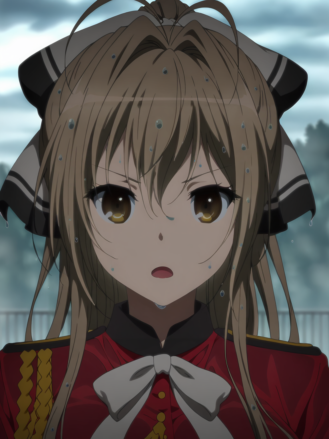 <lora:Isuzu_Sento:0.8>, sento isuzu, 1girl, solo, brown eyes, long brown hair, antenna hair, ponytail, hair ribbon, military uniform, red jacket, white bowtie, epaulettes, aiguillette, serious, open mouth, standing, arms at sides, portrait, looking at viewer, outdoors, sky, cloud, overcast, wet, wet hair, wet clothes, blurry background, dark, low lighting