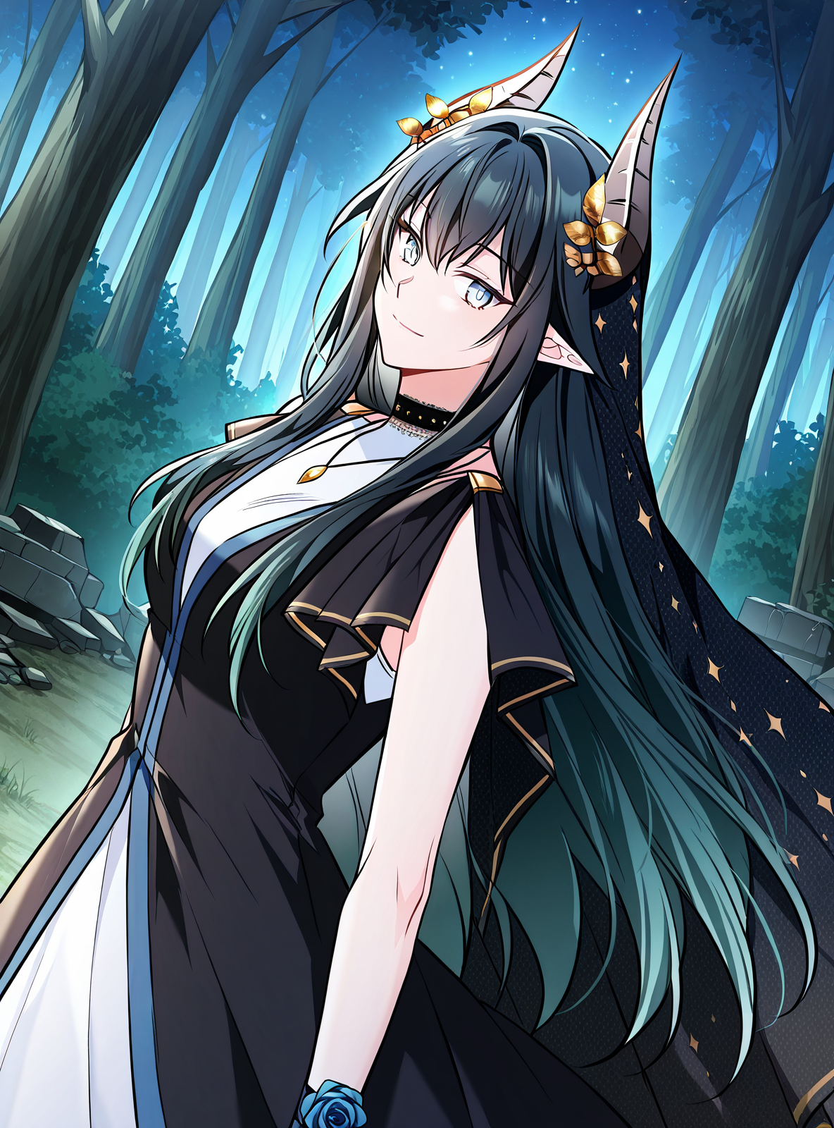 <lora:Regressor_Instruction_Manual__Dialugia:1>
1 girl, solo, long hair, straight hair, black hair, greenish blue hair, gradient hair, bangs, hair ornament, golden flowers, elf ears, horned girl, horns, light blue eyes
white dress, black outer robe, blue lining, blue trim, black cloak, starry cloak, layered outfit, black and gold accents, golden trim, choker, black choker, sleeveless dress, long dress, open cloak, necklace, blue rose bracelet
score_9, score_8_up, score_7_up, very aesthetic, source_anime, detailed, high quality, beautiful, masterpiece, detailed eyes, forest, tree, ruins, cowboy shot, dynamic angle, upper body, light smile, dynamic pose