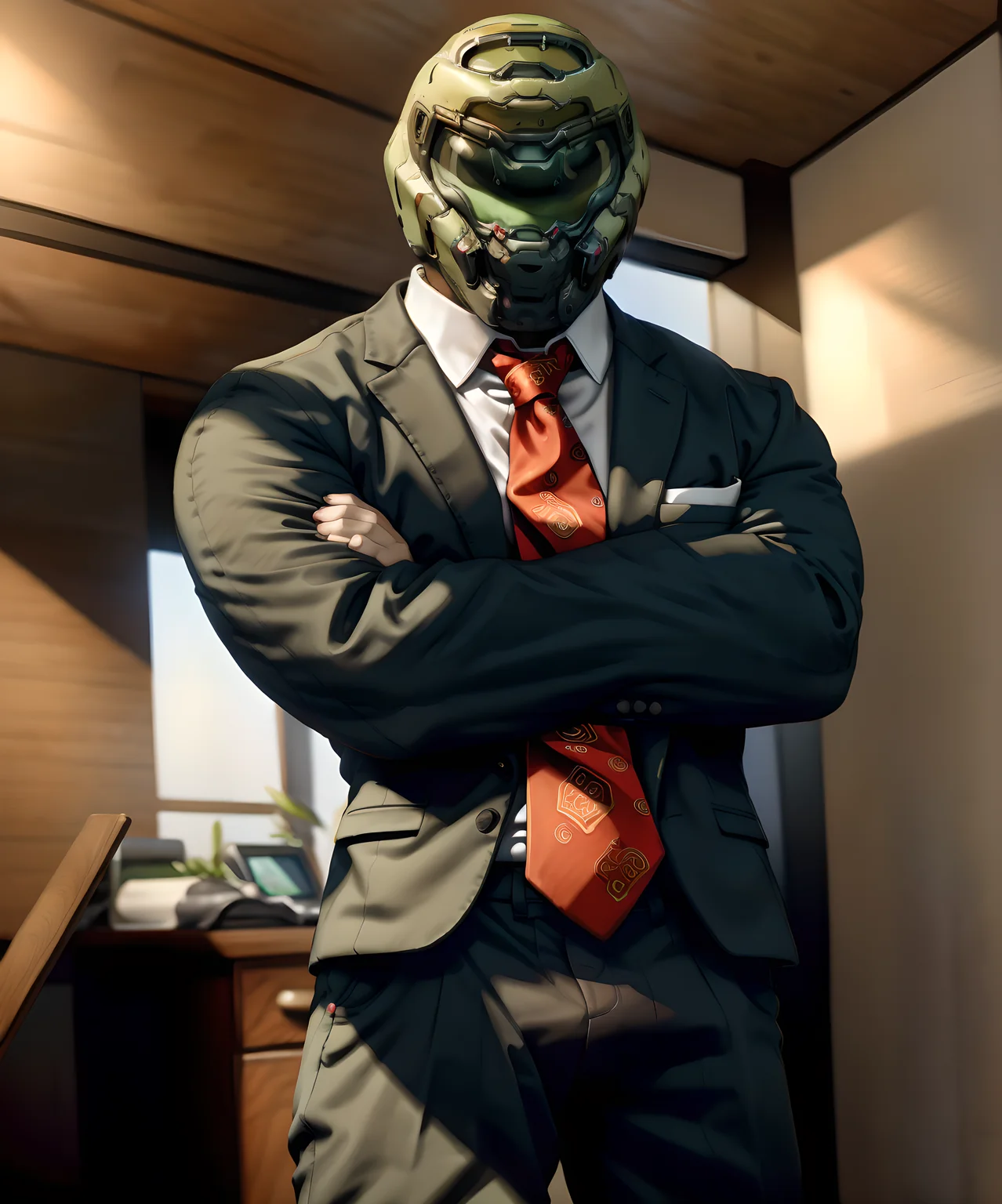 <lora:Doom_Slayer:0.75> doom_slayer, standing, looking at viewer, (((suit:1.4, shirt, tie, formal))), office, pants, indoor, helmet, crossed arms