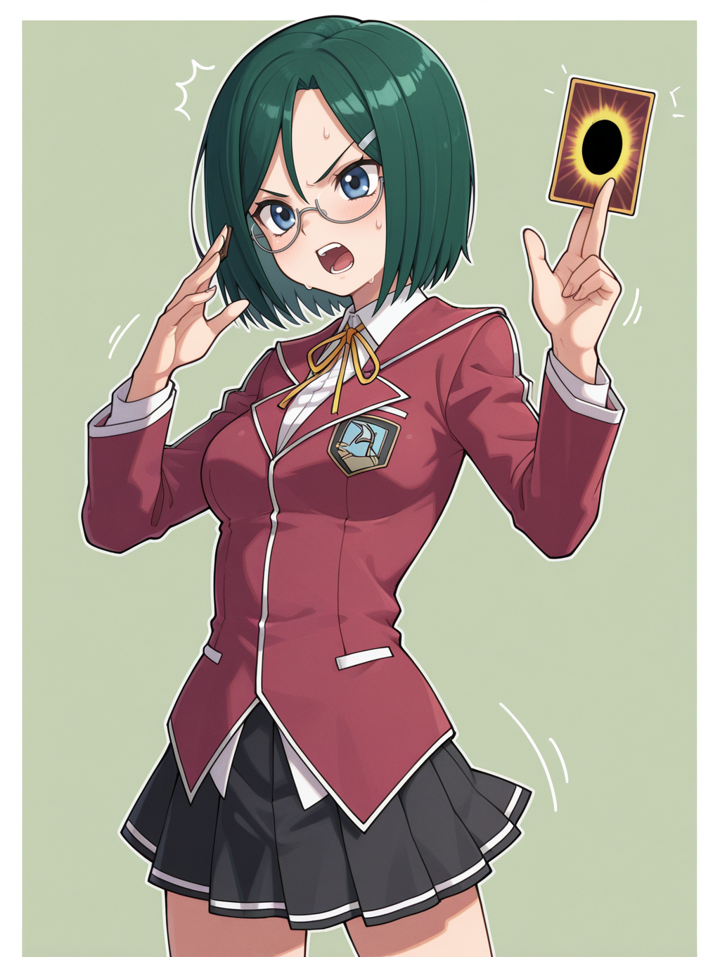reika hara,1girl,solo,white under-rim eyewear, card \(yu-gi-oh!\),open mouth,white border,motion lines,holding card,sweat,green background,cowboy shot,silver hairclip,duel academy uniform \(yu-gi-oh! 5d's\),red blazer,white collared shirt,black miniskirt,yellow neck ribbon,serious, 
masterpiece,best quality,amazing quality,very aesthetic,absurdres,newest,<lora:Reika Hara & Kaiho Rin illusXL v1:0.72>,