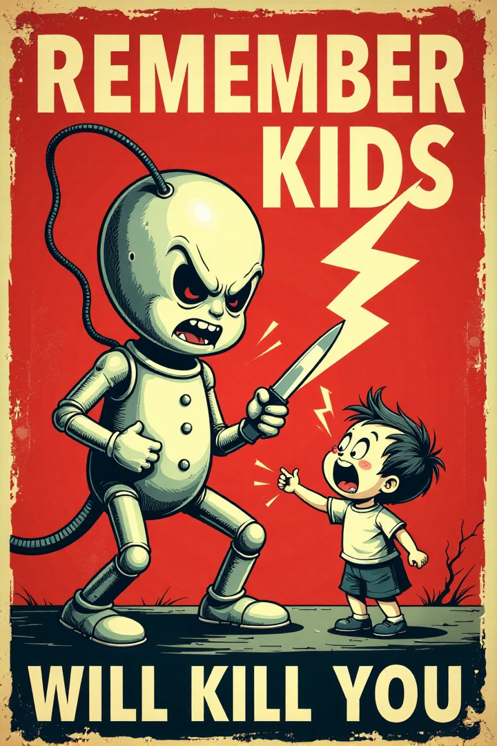 Generate an image in the style of a vintage 1950s public service announcement or propaganda poster. The image should be a warning sign with a dark humor theme. Depict a menacing, personified electricity bolt character holding a knife and pointed at a terrified cartoon child. Include the text "REMEMBER KIDS" and "ELECTRICITY WILL KILL YOU".  Use a bold, vintage font, a red, white, and black color scheme, lightning bolt symbols and a grainy texture. Keywords: vintage cartoon, propaganda poster, 1950s, public service announcement, warning, electricity, danger, funny, dark humor, retro  <lora:REMEs_War_Poster_Style:0.9> In REME's War Poster Style,âââ