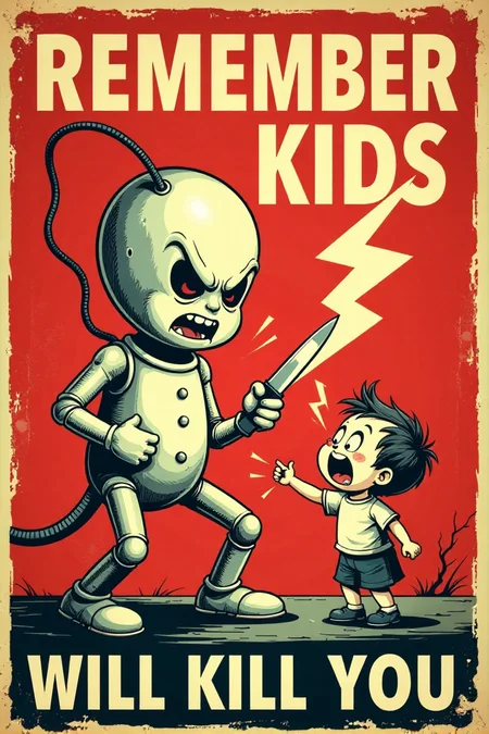 Generate an image in the style of a vintage 1950s public service announcement or propaganda poster. The image should be a warning sign with a dark humor theme. Depict a menacing, personified electricity bolt character holding a knife and pointed at a terrified cartoon child. Include the text "REMEMBER KIDS" and "ELECTRICITY WILL KILL YOU". Use a bold, vintage font, a red, white, and black color scheme, lightning bolt symbols and a grainy texture. Keywords: vintage cartoon, propaganda poster, 1950s, public service announcement, warning, electricity, danger, funny, dark humor, retro <lora:REMEs_War_Poster_Style:0.9> In REME's War Poster Style,âââ