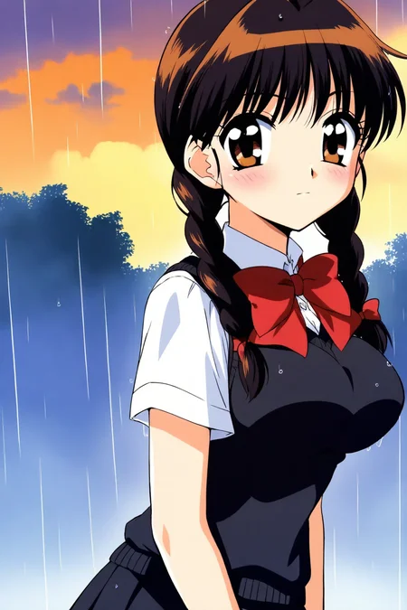 <lora:TokyoMewMew:0.8>, MewMew, 1girl, solo, braid, shirt, brown eyes, bow, looking at viewer, twin braids, white shirt, red bow, short sleeves, collared shirt, school uniform, long hair, bowtie, skirt, outdoors, red bowtie, breasts, blush, closed mouth, upper body, black hair, pleated skirt, rain, black skirt, sweater vest, black vest, hair over shoulder, brown hair, large breasts, sky, sunset, vest, cloud