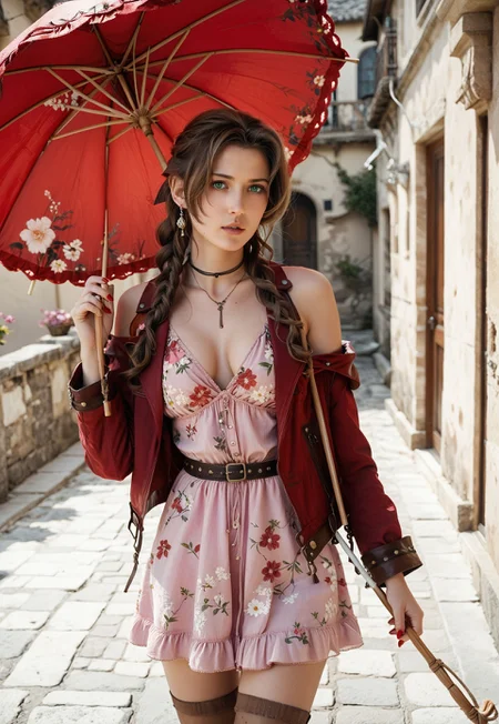 safe_pos, (score_9, score_8_up, score_7_up), high quality photo, ultra-realistic, insanely detailed),
1girl, Aerith Gainsborough, green eyes, long hair, hair intakes, hair ribbon, jewelry, choker, braid, parted bangs, braided ponytail, necklace, ((brown stockings)), red jacket, bare shoulders, pink dress, red nails, holding red umbrella, cowboy shot, earrings, floral print, from behind, gradient background, holding umbrella, jewelry, large breasts, looking at viewer, medium breasts, parted bangs, parted lips, solo, standing pose, dynamic pose, thighs, Rastex, front viewer,