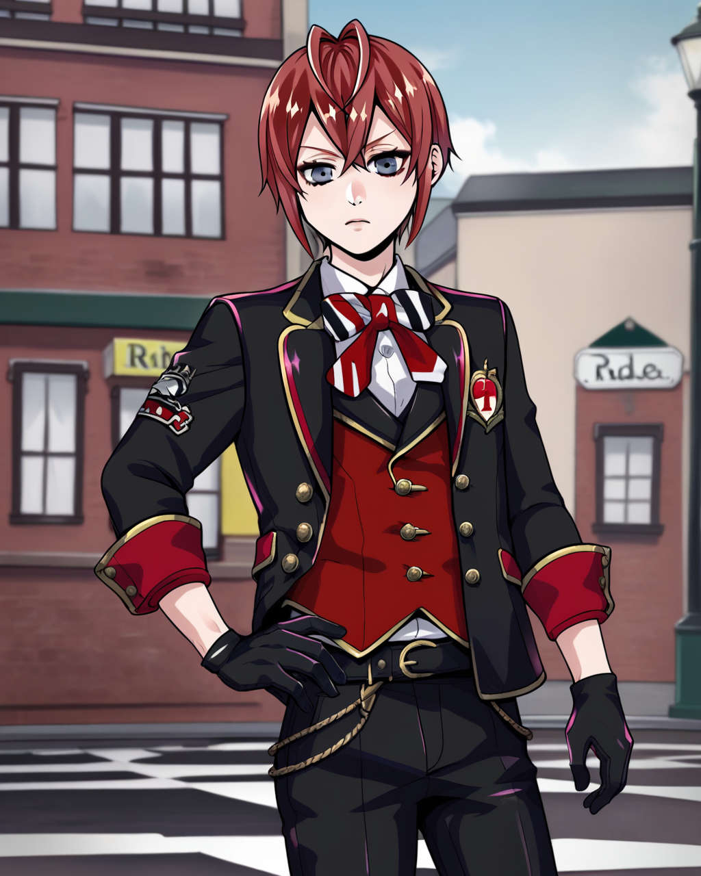 <lora:Riddle RoseheartsPDXL_v1:1>Riddle RoseheartsPDXL, 1boy, male focus, solo, gloves, black gloves, hand on hip, black pants, School uniform, black jacket, red vest,