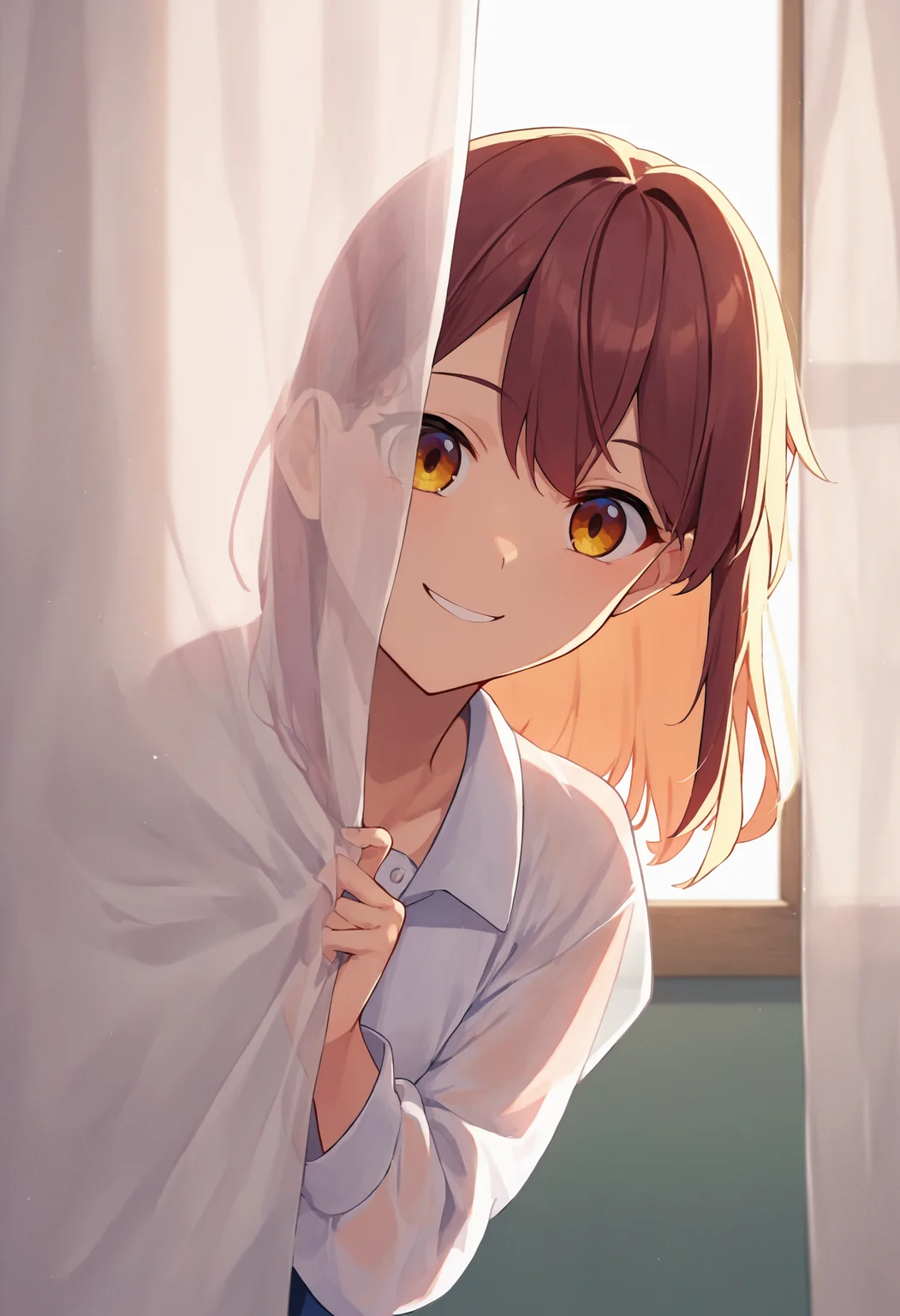 score_9_up score_8_up score_7_up, source_anime, 1girl, peeking out upper body, curtains, see-through silhouette, smile
<lora:peeking_out_ponyxl:1>