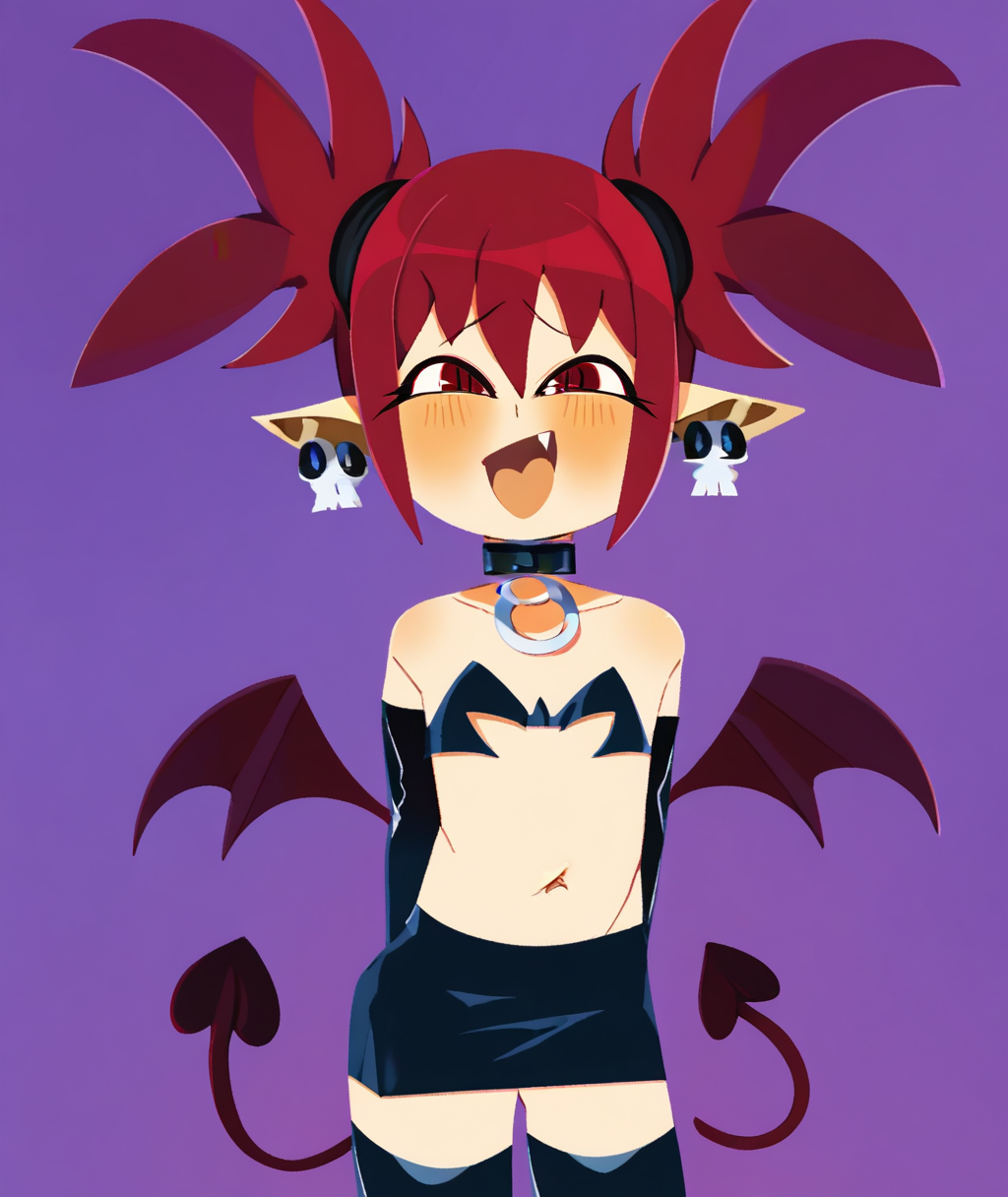 score_9, score_8_up. score_7_up,  <lora:noxintwice:1>, noxintwice,
 score_9, noxintwice, 1girl, etna (disgaea), demon tail, demon wings, red hair, pointy ears, skull earrings, jewelry, red eyes, black thighhighs, fang, flat chest, demon girl, navel, black skirt, elbow gloves, looking at viewer, open mouth, smile, twintails, blush, arms behind back, choker, black gloves, miniskirt, collar, cowboy shot, :d, purple background, bare shoulders, simple background, bat wings
