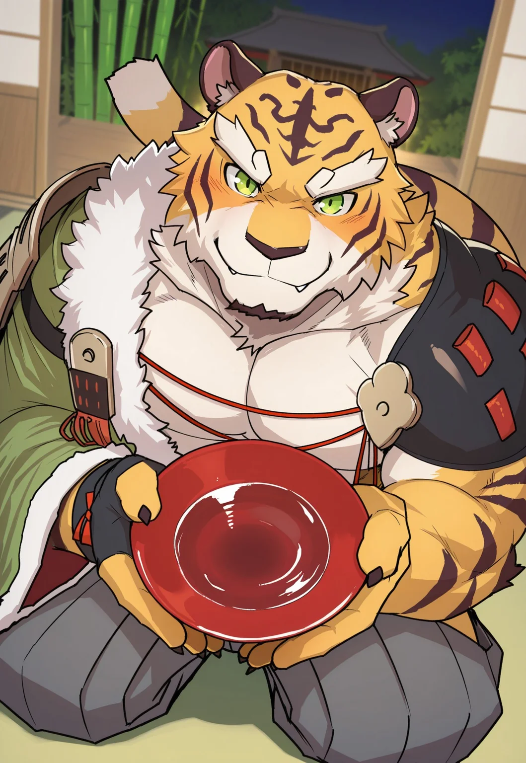 masterpiece, best quality, amazing quality, 1boy, bara, solo, male focus, furry male, tiger boy, taketora, green eyes, tail, fur-trimmed jacket, single fingerless glove, shoulder armor, hakama pants, smile, kneeling, holding cup, sakazuki, looking at viewer, traditional japanese house, bamboo, close-up, dutch angle, from above, pov shot