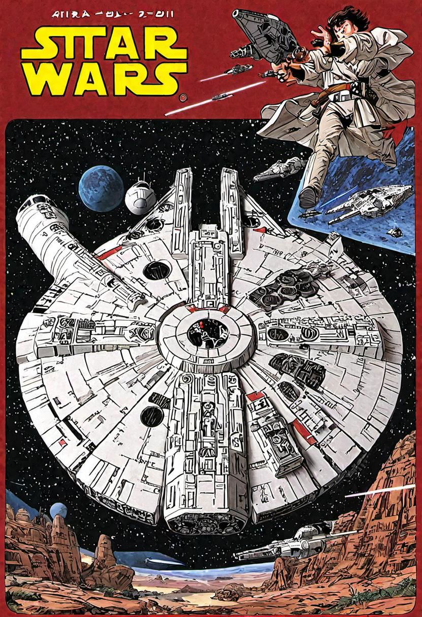 Japanese Manga book cover of star wars Millennium Falcon, book cover with text "Star Wars", Akira toriyama style , blank background , full colour, hand drawing