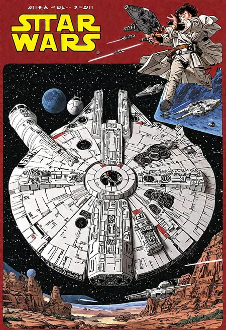 Japanese Manga book cover of star wars Millennium Falcon, book cover with text "Star Wars", Akira toriyama style , blank background , full colour, hand drawing