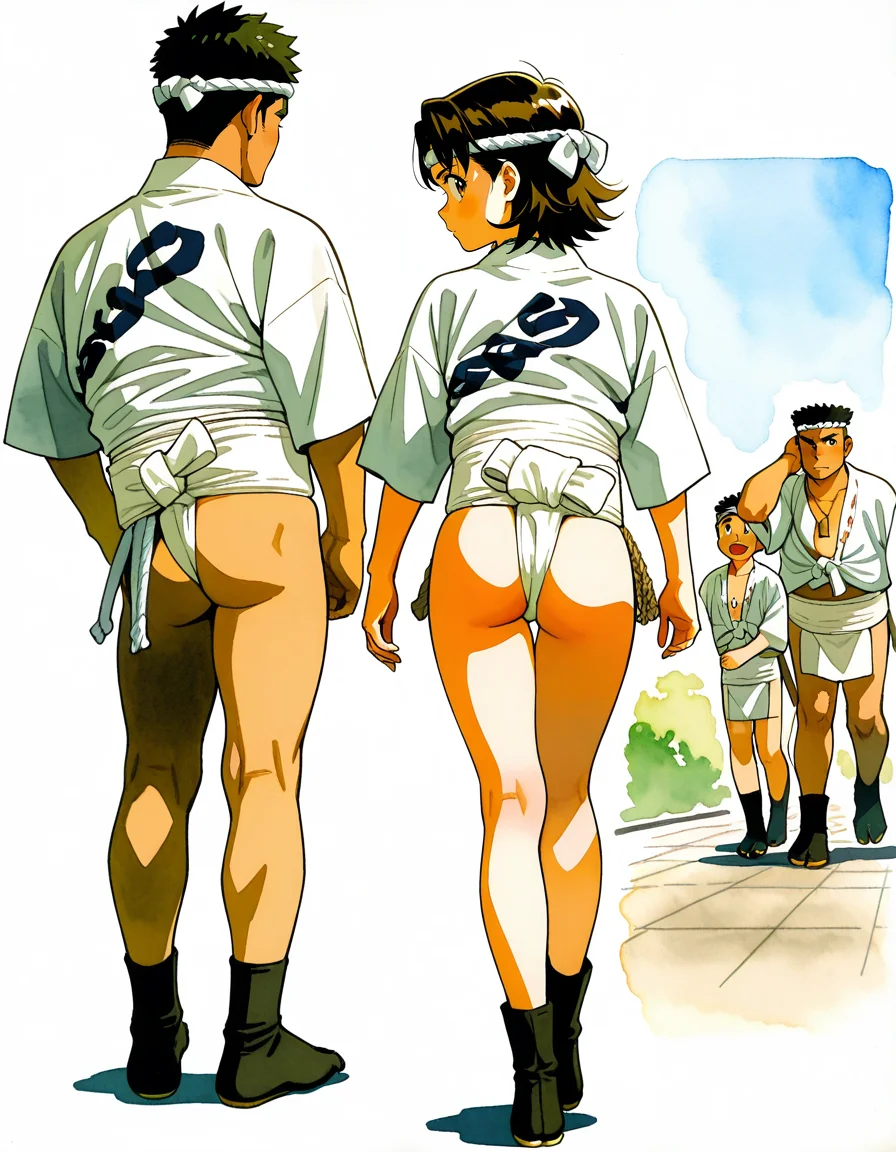 score_7_up, anime BREAK official art, 
<lora:yamakasa-000007:1>, yamakasa, 
ass, shimekomi, multiple boys, from behind, black footwear, mizuhappi, standing, full body, hachimaki, tabi, 1girl, 1boy, necklace, look back, 
(masterpiece:1.3), best quality, high resolution, unity 8k wallpaper, extremely detailed CG, 8K, (watercolor \(medium\), muted color, sketch:1.1), perfect anatomy, highly finished, masterpiece, best quality, high quality, amazing quality, great quality, very aesthetic, ultra detailed, highres, absurdres, highly detailed, highly detailed background,