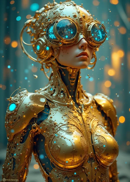 Wide-angle 11mm lens photo.
A biomechanical cyber-woman stands tall, her figure exuding confidence and power. Her polished gold suit is a marvel of engineering, a seamless fusion of organic and mechanical elements.
Intricate circuitry weaves through her skin, tracing blue energy patterns that resemble delicate lacework. The golden filigree of her design shimmers, catching the light and casting a mesmerizing glow. The suit is carved with dazzlingly intricate inlay, the carvings glowing bright blue from energy passing within.
Her face is partially obscured by a pair of elaborate gold steampunk goggles, their polished frames adding a touch of elegance to her futuristic attire. The goggles, adorned with intricate gears and delicate filigree, enhance her mysterious aura. Her feet are encased in what appear to be high-heeled shoes, their sleek design echoing the cybernetic aesthetic of her overall appearance.
The background is a soft, ethereal blur, creating a sense of depth and mystery. The cyber-woman seems to emerge from this ethereal realm, her presence commanding attention. Glowing, otherworldly highlights accentuate her form, emphasizing the intricate details of her design. The overall effect is a captivating blend of cyberpunk, baroque, and fantasy, creating a visually stunning image.
<lora:ImageUpgraderV2:0.777> detailmaximizer, <lora:aidmaMJ6.1_v0.3:0.111> aidmaMJ6.1, <lora:Aura_Flux:0.111> fire, lightning, glowing auras, <lora:CosmicStyleFLUX:0.222> CosmicStyle, <lora:Opal_Fantasy_Flux:0.222> glowing opal fantasy, made of opal, opalescence, <lora:zavy-flrscnt-fxl:0.111> zavy-flrscnt,, RAW candid cinema, 16mm, color graded portra 400 film, remarkable color, ultra realistic, textured skin, remarkable detailed pupils, realistic dull skin noise, visible skin detail, skin fuzz, dry skin, shot with cinematic camera