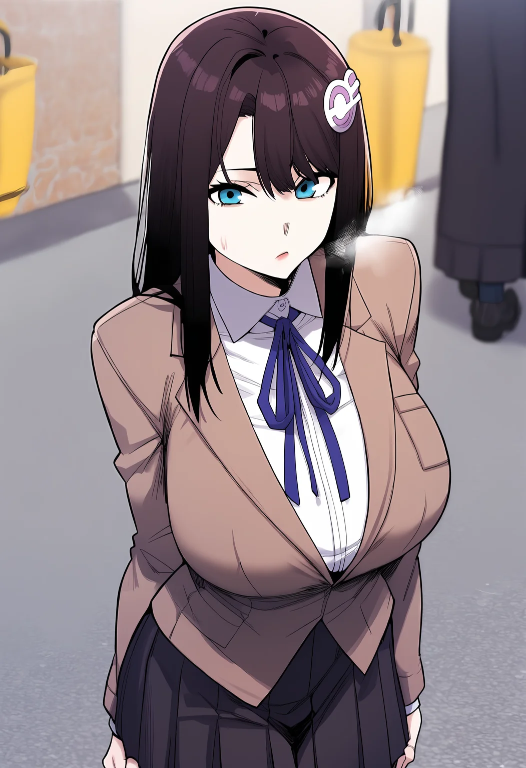 score_9, score_8_up, score_7_up, score_6_up, source_anime, rating_explicit, <lora:neg4all_bdsqlsz_V3.5:2.0>1girl, (solo:1.1), huge breasts, <lora:Park Jung-Ahponyxl:1> hair ornament, long hair, blue eyes, brown hair, black hair, sidelocks, school uniform, blue ribbon, neck ribbon, brown jacket, white shirt, collared shirt, long sleeves, black skirt, pleated skirt, expressionless, Narrow shoulders, heavy breathing, steaming body, street, outdoors, looking at viewer