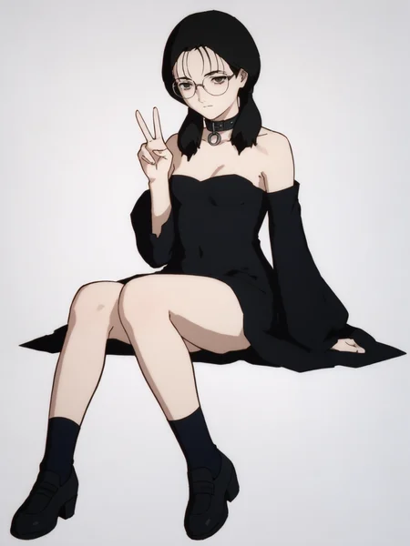woman, 20 y/o, 20 year old, 20 year old woman, adult, score_9, score_8_up, score_7_up, score_6_up, score_5_up, BREAK masterpiece, high quality, white background, solo, <lora:Yomoda_Chisa_PDXLv1.1-e97:0.8> yomoda chisa, glasses, gothic, peace sign, small breasts, black dress. white dot dress, full body, sitting, black footwear, black collar, death girl, strapless, long sleeves