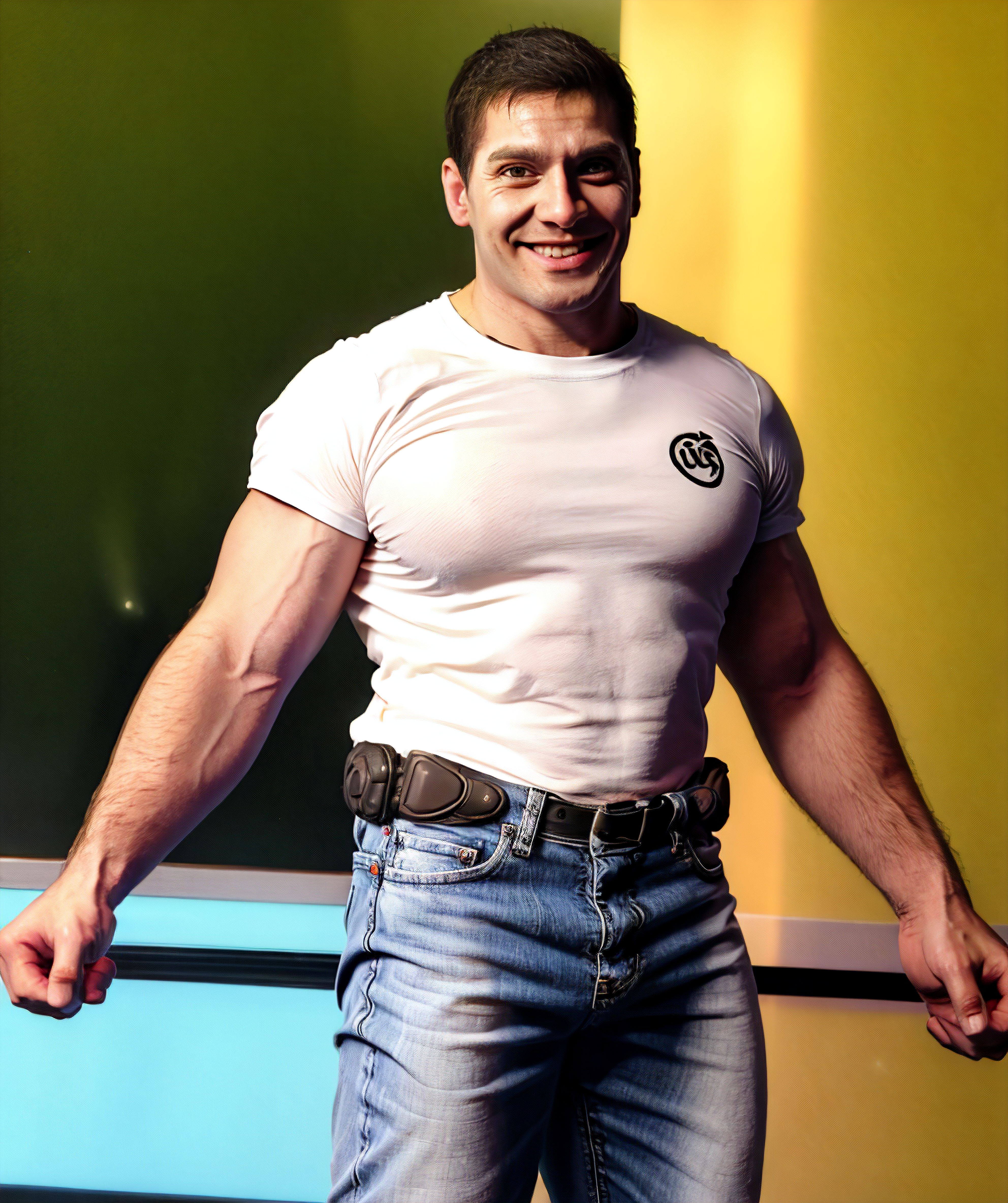 helmetless_doomguy, male focus, (muscular, white t-shirt, jeans, smiles) <lora:Helmetless_Doomguy-15(1):0.85>