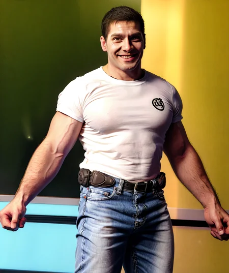 helmetless_doomguy, male focus, (muscular, white t-shirt, jeans, smiles) <lora:Helmetless_Doomguy-15(1):0.85>