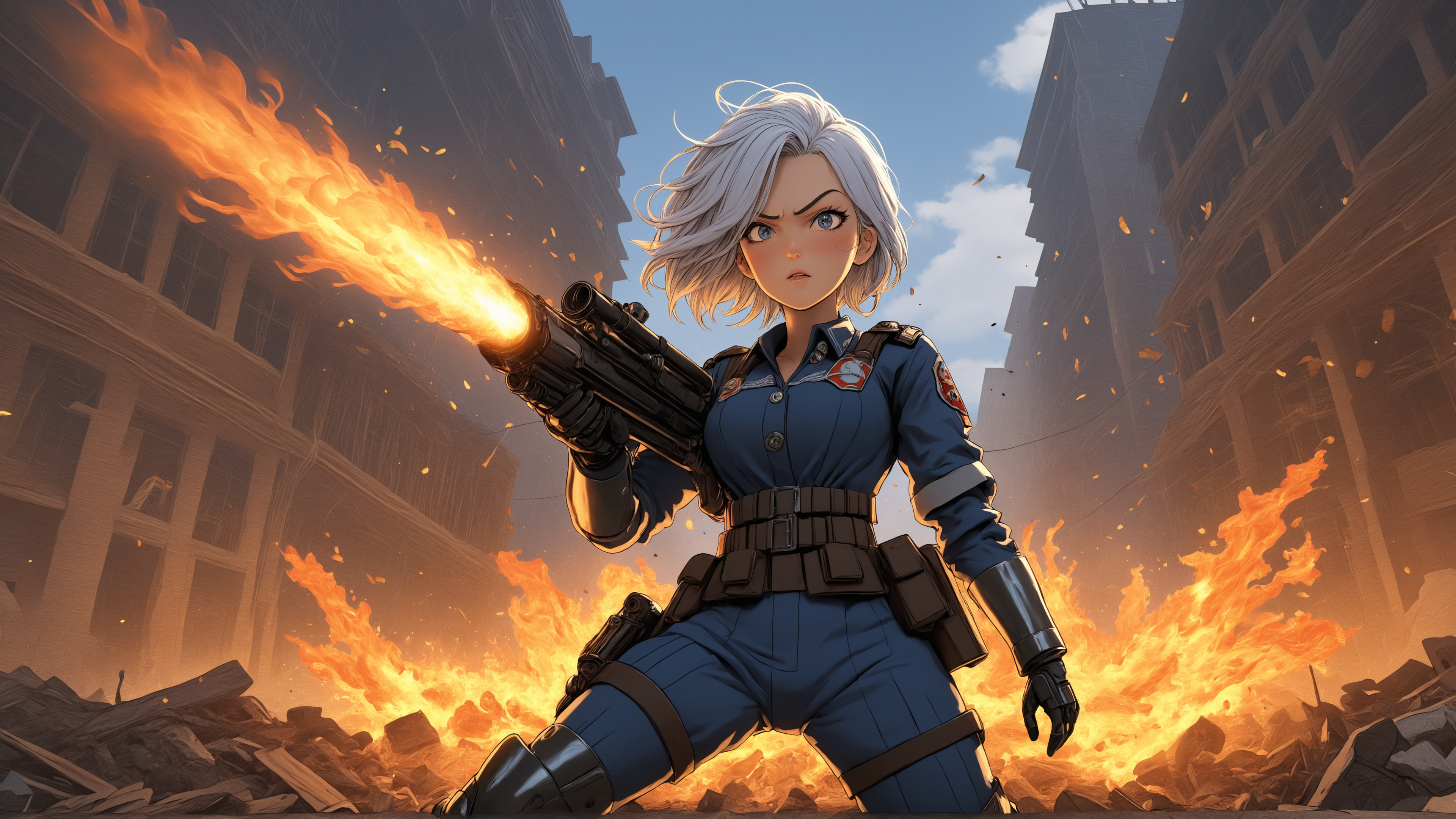 Cel Shaded Art, (((On one knee aiming a WWII flame thrower firing a straight 40 foot flame))) a tough Asian female police officer from the future wearing full tactical riot gear, spiky white hair, fierce expression on her face, standing to the right of the frame, under fire, cartoon, detailed background of a ruined city, rubble, smoke, debris, hdr, ultra quality, hdr, 8k, octane render <lora:detailed_notrigger:0.6>, 2D, flat color, toon shading, cel shaded style