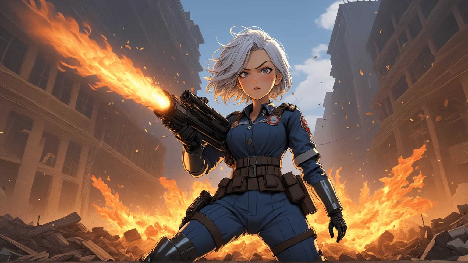 Cel Shaded Art, (((On one knee aiming a WWII flame thrower firing a straight 40 foot flame))) a tough Asian female police officer from the future wearing full tactical riot gear, spiky white hair, fierce expression on her face, standing to the right of the frame, under fire, cartoon, detailed background of a ruined city, rubble, smoke, debris, hdr, ultra quality, hdr, 8k, octane render <lora:detailed_notrigger:0.6>, 2D, flat color, toon shading, cel shaded style