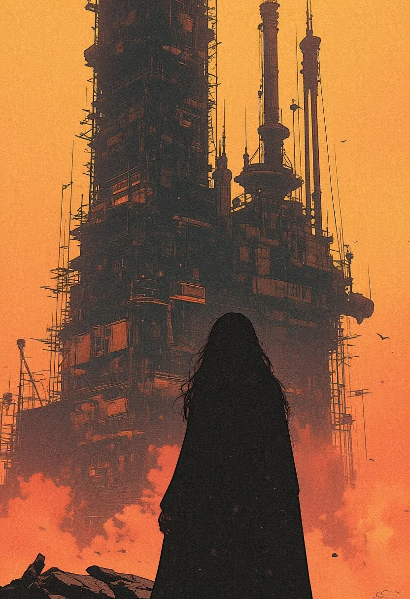 The fog creates a dramatic and surreal effect, woman has a cold aesthetic that is complemented by her black hair, long hair, atmospheric, foreboding (in the style of Frank Frazetta painting) Dean Cornwell, design, 1970s, Russian Constructivist style, expressive, ancient starchart, ink, warm colors, space, extreme energy, dynamic posing, Dutch angle, black,rapid expansion of mankind, in the background is an unfinished skyscraper which is printed by a huge 3D printer, the printer looks like a huge crane with a rolling head on scaffolding to which is supplied the building resource, a new planet for mankind, hand drones fly and help to complete the building to the printer, around the building is a cut out area of wild alien terrain,