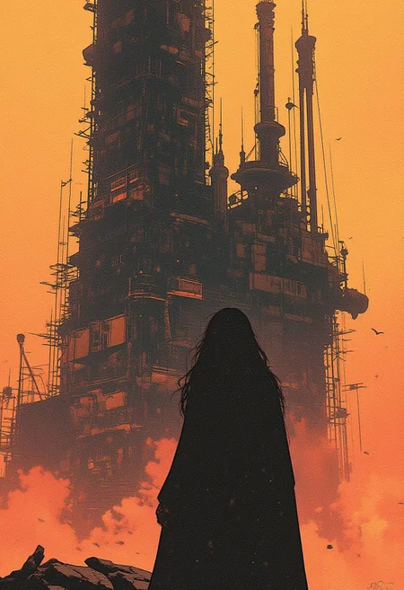 The fog creates a dramatic and surreal effect, woman has a cold aesthetic that is complemented by her black hair, long hair, atmospheric, foreboding (in the style of Frank Frazetta painting) Dean Cornwell, design, 1970s, Russian Constructivist style, expressive, ancient starchart, ink, warm colors, space, extreme energy, dynamic posing, Dutch angle, black,rapid expansion of mankind, in the background is an unfinished skyscraper which is printed by a huge 3D printer, the printer looks like a huge crane with a rolling head on scaffolding to which is supplied the building resource, a new planet for mankind, hand drones fly and help to complete the building to the printer, around the building is a cut out area of wild alien terrain,