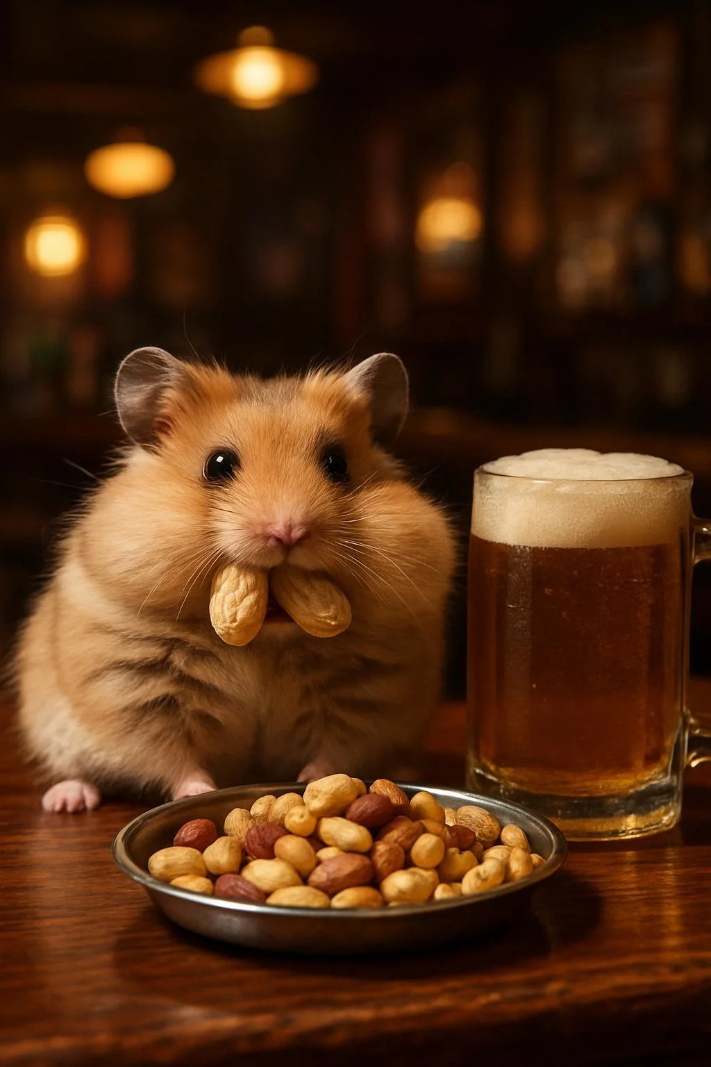 Generate me a cute, fluffy, hungry hamster with its cheeks stuffed with peanuts. Its set in a dive bar. Next to the hamster is a small tray of mixed nuts and a large cold mug of beer. cute, fluffy, realistic, 8k, uhd, high quality, depth of field,