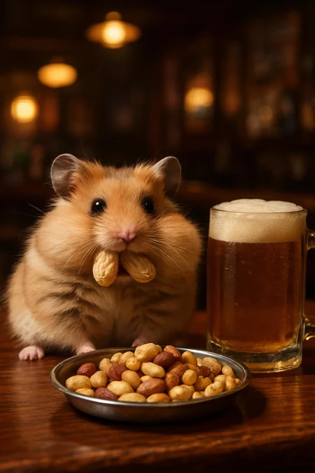 Generate me a cute, fluffy, hungry hamster with its cheeks stuffed with peanuts. Its set in a dive bar. Next to the hamster is a small tray of mixed nuts and a large cold mug of beer.  cute, fluffy, realistic, 8k, uhd, high quality, depth of field,
