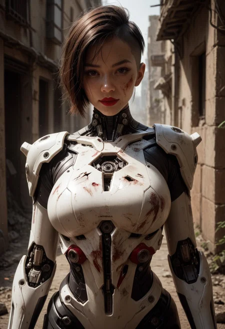 score_9, score_8_up, score_7_up, score_6_up, (solo),1girl, short back hair, undercut hair style, expressive eyes, red lips, large breasts,
break,
wearing (Mechan Suit),
break,
standing,
break,
head and chest focus, front view,
break,
smiling, lookin at viewer,
break,
(ruin city in background:1.4)