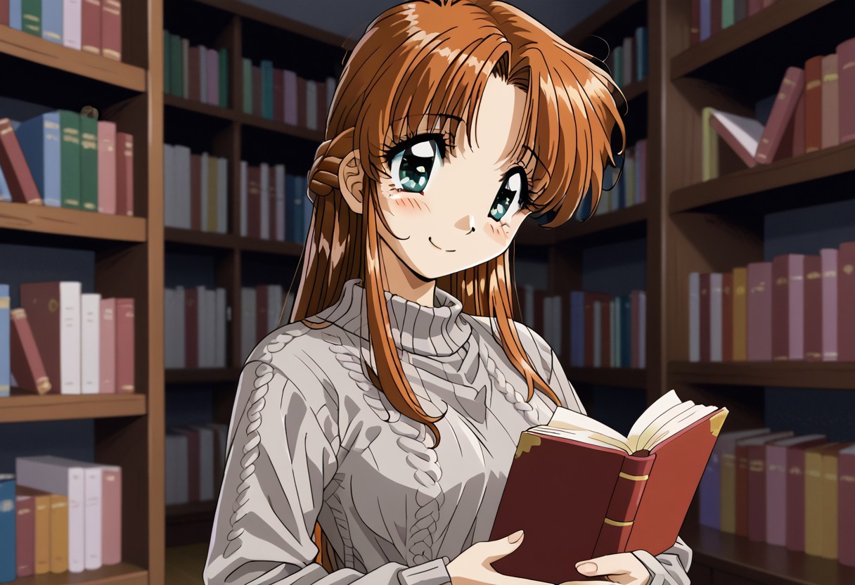 detailed background, shiny skin, rating safe, <lora:komirin.pony:1.0>, komirin, seina, solo, female focus, smile, medium breasts, grey sweater, long sleeves, upper body, standing, reading book, indoors, library, bookshelves