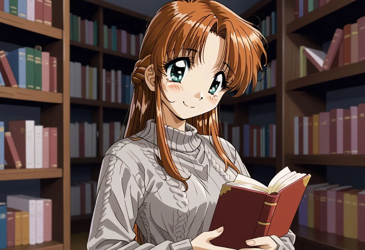 detailed background, shiny skin, rating safe, <lora:komirin.pony:1.0>, komirin, seina, solo, female focus, smile, medium breasts, grey sweater, long sleeves, upper body, standing, reading book, indoors, library, bookshelves