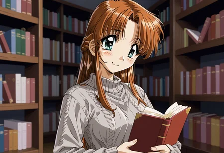 detailed background, shiny skin, rating safe, <lora:komirin.pony:1.0>, komirin, seina, solo, female focus, smile, medium breasts, grey sweater, long sleeves, upper body, standing, reading book, indoors, library, bookshelves