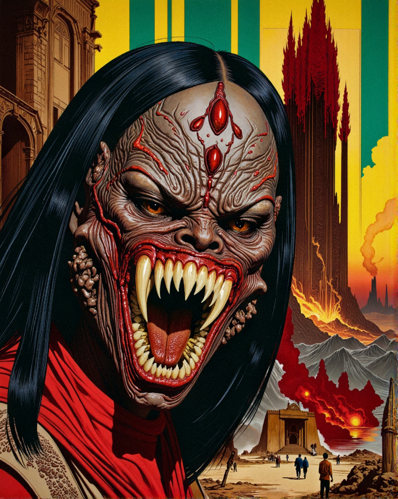 BAROQUE ART style, dynamic composition, dramatic lighting, rich colors, intricate details, professional-grade execution, captures the grandeur and theatricality of the Baroque period       _1 breathtaking _1 Horror-themed _1 analog film photo (Monster alien African Godzilla face:2). portrait with sharp teeth. Background with volcano.  A close-up portrait of a monstrous woman's face, etched with sharp, jagged teeth that protrude menacingly from her pale, drawn lips.  Her eyes, pools of unsettling amber, gleam with predatory intensity, highlighting deep, shadowy hollows beneath.  Rough, scarred skin, a tapestry of deep crimson and charcoal gray, covers her face, contrasting starkly with long, thin, black strands of hair that whip in a turbulent wind.  A backdrop of bold, vertical stripes â a vibrant  yellow against a vibrant green â creates a visually striking and unsettling contrast against the grim visage.  The lighting emphasizes the harshness of her features, casting long, dramatic shadows across her face, accentuating the jagged lines and stark texture of her skin..(faded film, desaturated, 35mm photo, grainy, vignette, vintage, Kodachrome, Lomography, stained, highly detailed, found footage:1).(Eerie, unsettling, dark, spooky, suspenseful, grim, highly detailed:1).(award-winning, professional, highly detailed, high resolution, masterpiece:1)
