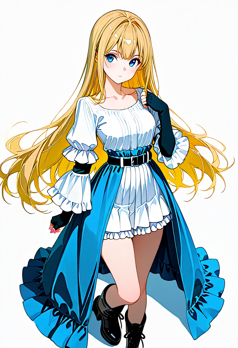 masterpiece, ultra-HD, very aesthetic, 8K, high detail, depth of field, score_9, score_8_up, 
BREAK
BREAK
1girl, solo, blonde hair, Ruffle Stand Neck, ((layered sleeves, (blue inner long ruffled sleeves:1.1), white outer short sleeves, (fingerless gloves:0.95)), ), black short platform boots, (white High-waisted frilled  dress, waist belt, petticoat, (white short skirt:1.3), (blue inner long overskirt:1.2)), 
BREAK
<lora:Layered_Sleeve_and_Blue_Draped_Skirt_Dress:1>,