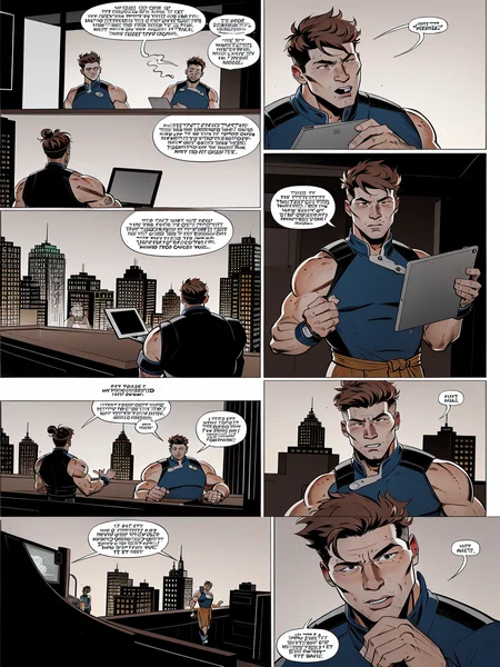 (Realistic:1.5) (masterpiece) restaurant, muscular male, dress, bar (place), building, male focus, phone, bus, tablet pc, sleeveless, fiery hair, computer, mole, fire, multiple boys, ground vehicle, speech bubble, ocean, dress, tentacles, double bun, jacket, car, freckles, holding, mohawk, prosthesis, cyborg, tongue, pants, <lora:EdobComic01_v1.0:0.8>