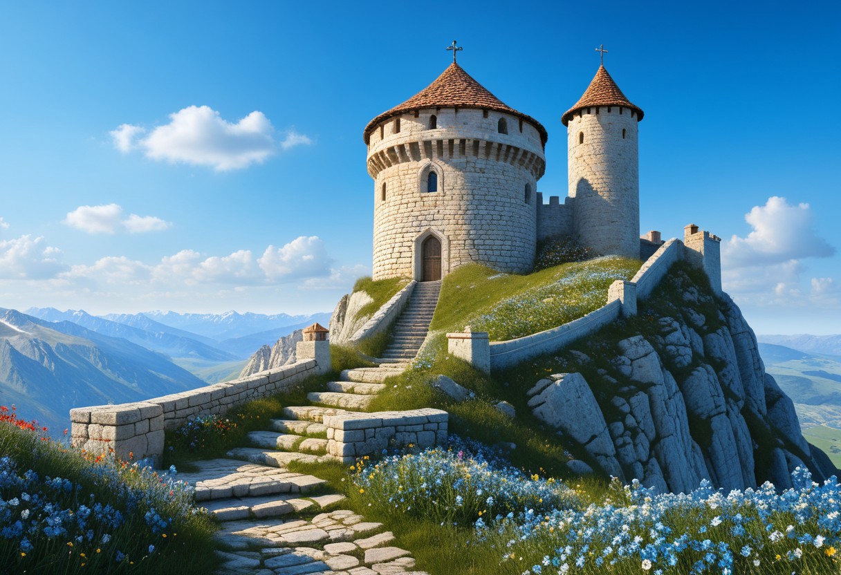 a  crusader watchtower on a knoll,  (13th Century:1.5), a stairway to the watchtower, gate, doorway, very wide shot, far out shot, fantasy, blue sky, alpine meadow flowers, best quality, masterpiece, realistic, photo-realistic, amazing, finely detail, ultra-detailed, highres, extremely detailed, 8k wallpaper
