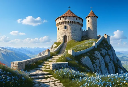 a crusader watchtower on a knoll, (13th Century:1.5), a stairway to the watchtower, gate, doorway, very wide shot, far out shot, fantasy, blue sky, alpine meadow flowers, best quality, masterpiece, realistic, photo-realistic, amazing, finely detail, ultra-detailed, highres, extremely detailed, 8k wallpaper