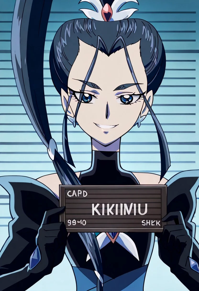 anime screencap, anime art style, yes! precure 5, dark precure 5, dark aqua, precure, 1girl, solo, jewelry, earrings, ponytail, long hair, bike shorts, magical girl, detached sleeves, black hair, blue theme, shorts, holding, upper body, english text, meme, barbie mugshot \(meme\), mugshot, teeth,smile
Hide