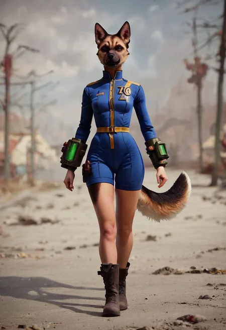 score_9, score_8_up, score_7_up, 1girl, 20 year old, gorgeous woman, wearing a vault tec vault suit, pipboy3000, fallout, tiny arms, tiny legs, tiny size breasts, tiny petite frame, harsh sunlight, walking with her German shepherd named Dogmeat