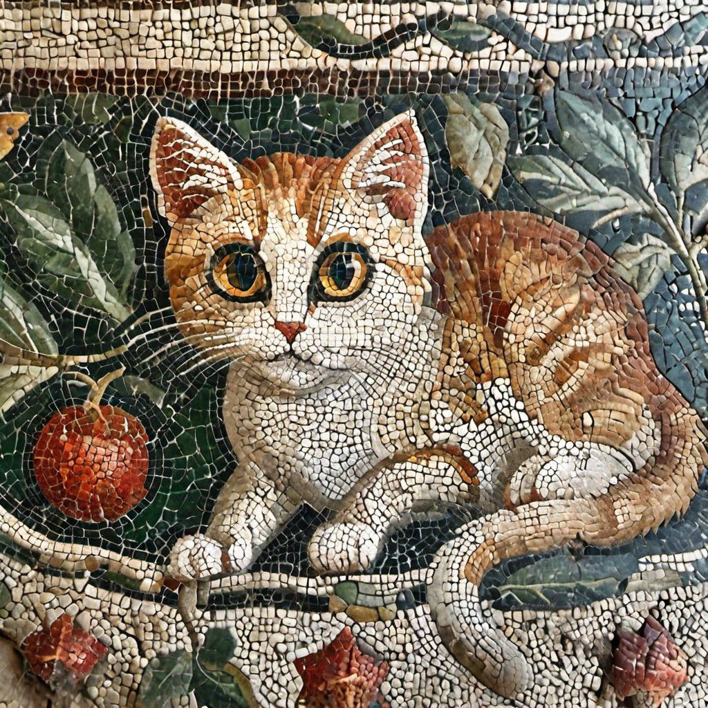cinematic photo mosaic of a The cat is hunting for the mouse <lora:Roman_Mosaic:1.0>, 35mm photograph, film, bokeh,  professional, 8k, highly detailed