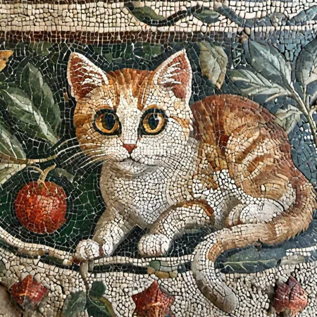 cinematic photo mosaic of a The cat is hunting for the mouse <lora:Roman_Mosaic:1.0>, 35mm photograph, film, bokeh, professional, 8k, highly detailed