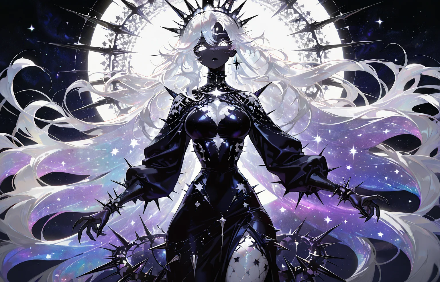 masterpiece, best quality, amazing quality, very aesthetic, absurdres, newest, volumetric lighting, monster_girls, monster girl,1girl,solo,white hair,glowing eyes,spikes,cosmic theme,celestial crown,stylized art,dark outfit, perfect detailed eyelashes, glossy lips, perfect nose, shiny skin, looking at viewer, cowboy shot, front-view, intricate patterns, (star patterned background),
monster_girls,1girl,solo,
masterpiece, best quality, amazing quality, very aesthetic, absurdres, newest, volumetric lighting, ,
, <lora:Monster_girls:0.8>,