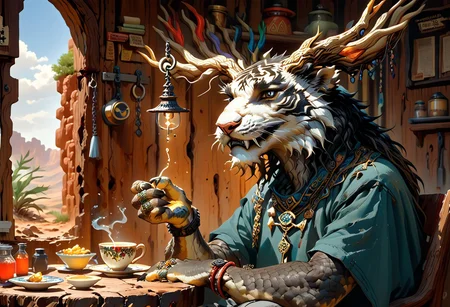 ((solo)), Xerneas, sinozick style, alien humanoid, qinglong, dragon, tiger, peregrine falcon, amazigh tattoo, berber tattoo, moose, man, longxiang style, m0nst3r, tig, chinese dragon, long muzzle, big fangs, orange and black fur, green scales, jade patterened scales, scaly arms, male_tiger, emerald tree boa, anthro, furry male, sitting in rocking chair, drinking tea, teacup, table, curious smile, holding binoculars, teal tank top, light gray shorts, jewelry, bracelets, rings, BREAK,
New Mexico desert, southwestern desert, desert, rock, weed, scattered trees, thunderstorm, day, sunlight through clouds, thunderclouds in background, BREAK,
cabin, adobe cabin, mud bricks, windows, wooden beams, lumber, mud walls, adobe, garden, door, open door, small electric lightbulb